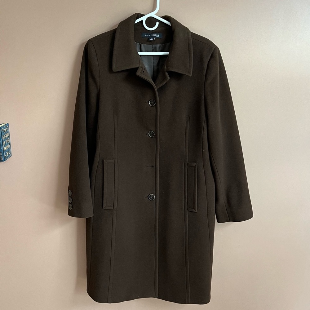 Ann Klein women’s brown mid wool coat with notch collar